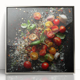 Mid-century modernist art featuring an array of colorful fruits on a silver framed acrylic.