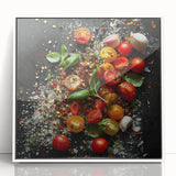 Acrylic print of colorful fruits in art deco style, framed in white, ideal for modern kitchen decor.