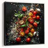 Black and white framed canvas featuring vintage poster art of assorted fruits, ideal for bedroom wall decor.