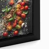 Black wall art featuring a close-up of colorful, textured fruits on a large framed canvas, ideal for living room decor.