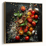 Framed canvas featuring a vintage poster art of assorted fruits in silver and gold tones, ideal for bedroom wall art.