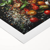 Art deco poster featuring assorted fruits in bold colors on rolled canvas, suitable for dining room walls.