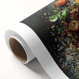 Art deco poster featuring assorted fruits in vibrant colors on rolled canvas.