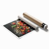 Extra large rolled print featuring an array of fruits in vibrant colors.