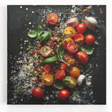 Black and white stretched canvas featuring a variety of fruits, ideal for kitchen wall art.