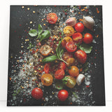 Black and white photo of assorted fruits on a large stretched canvas, suitable as kitchen wall art.