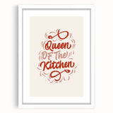 Abstract art print featuring assorted culinary items in muted earth tones, framed with a white mat.