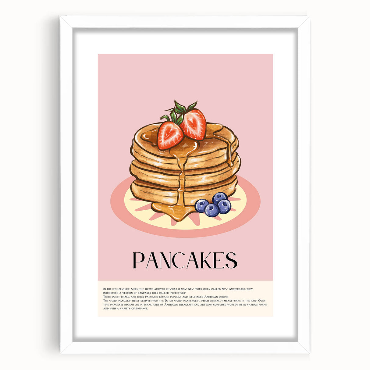 Abstract art print of assorted pastries in soft pastel shades, framed in white, ideal for dining room decor.