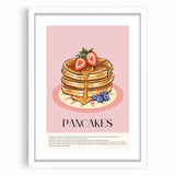 Abstract art print of assorted pastries in soft pastel shades, framed in white, ideal for dining room decor.