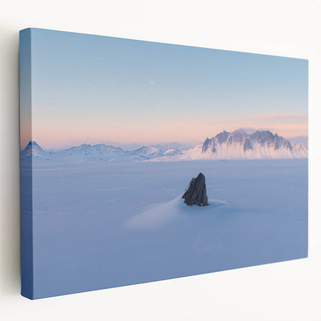 Stretched canvas artwork depicting serene desert dunes at sunset, showcasing soft golden and orange hues, perfect for enhancing modern home decor.
