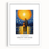 Abstract art print featuring swirls in vibrant blue and yellow tones, framed with a white mat.