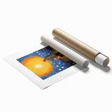 Impressionist floral painting by Van Gogh on a rolled canvas, featuring vibrant blues and yellows.