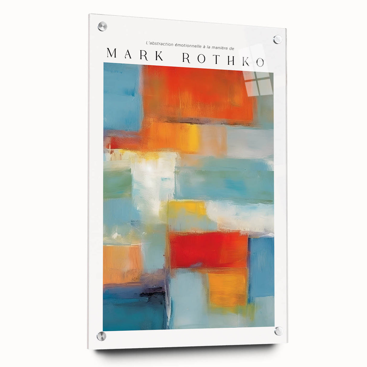 Large abstract wall art in red and orange tones on acrylic glass, suitable for bedroom or dining room decor.