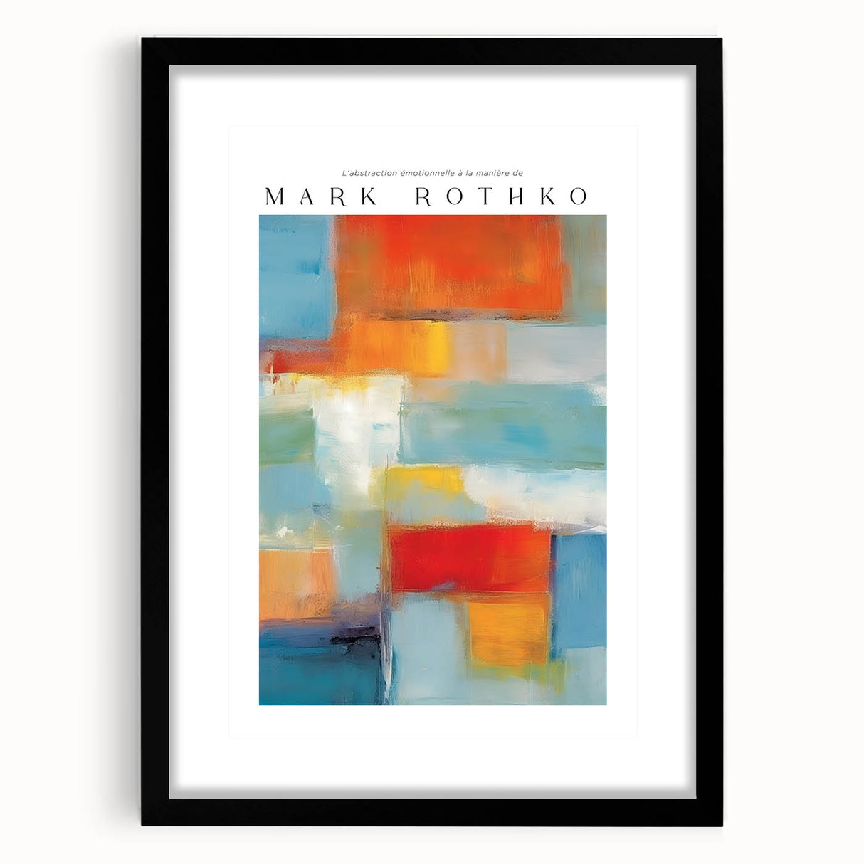 Extra large abstract art print inspired by Mark Rothko, featuring vibrant color blocks on a textured canvas, framed in black.