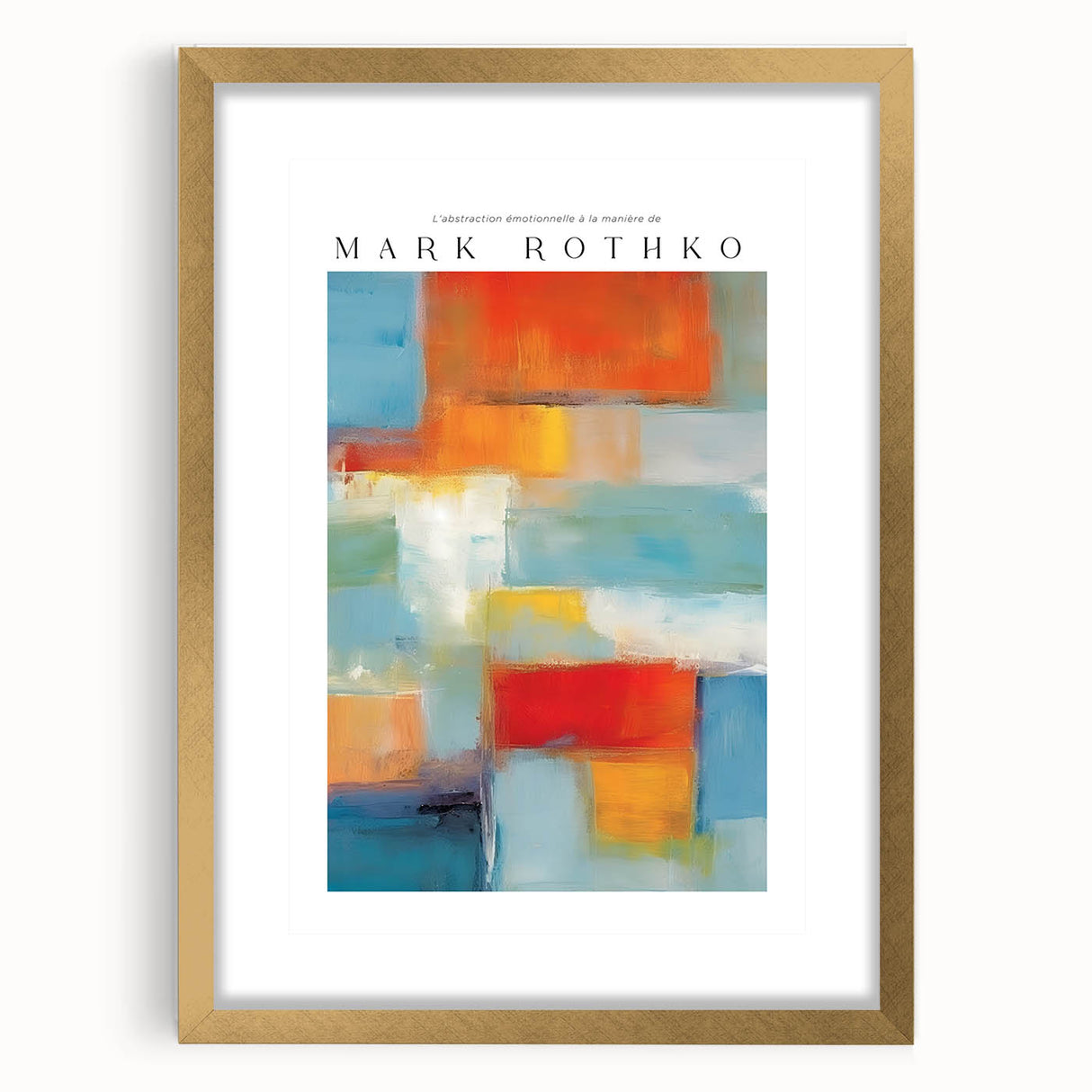 Extra large abstract art print in textured style with bold red and soft beige colors, framed in gold.