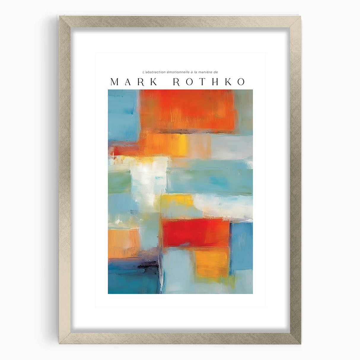 Textured abstract art print in shades of blue and gray, framed in silver, ideal for modern bedroom ambiance.
