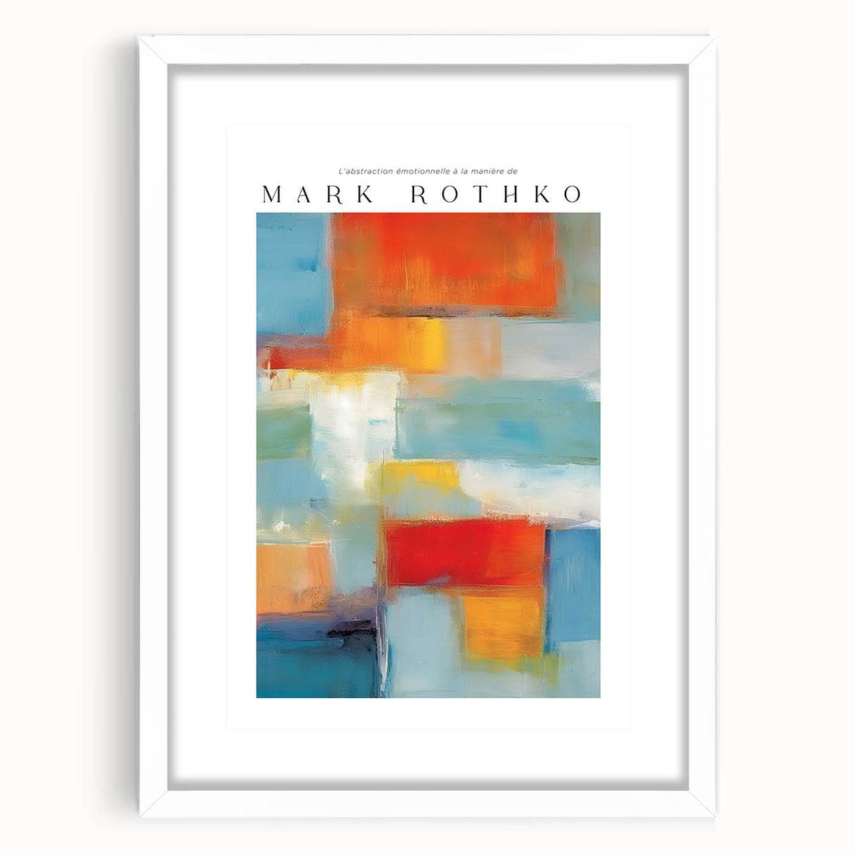Abstract art print in red and blue tones on a white framed canvas, suitable for bedroom or dining room decor.