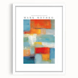 Abstract art print in red and blue tones on a white framed canvas, suitable for bedroom or dining room decor.