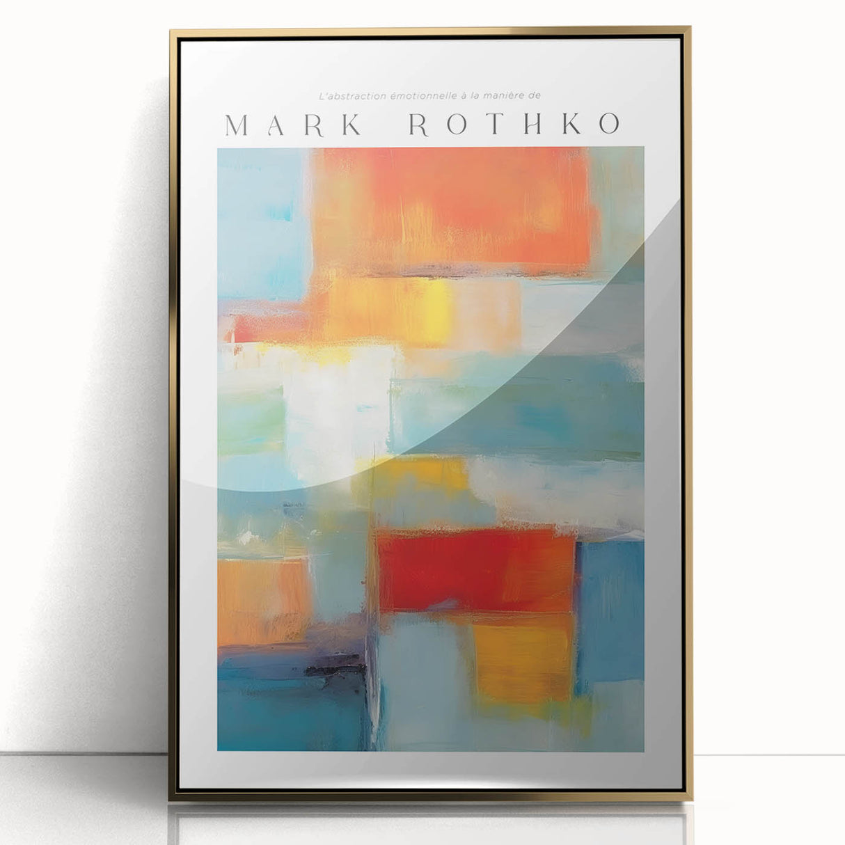 Large art print of a mid-century modernist style by Mark Rothko, featuring bold red and orange blocks on acrylic.