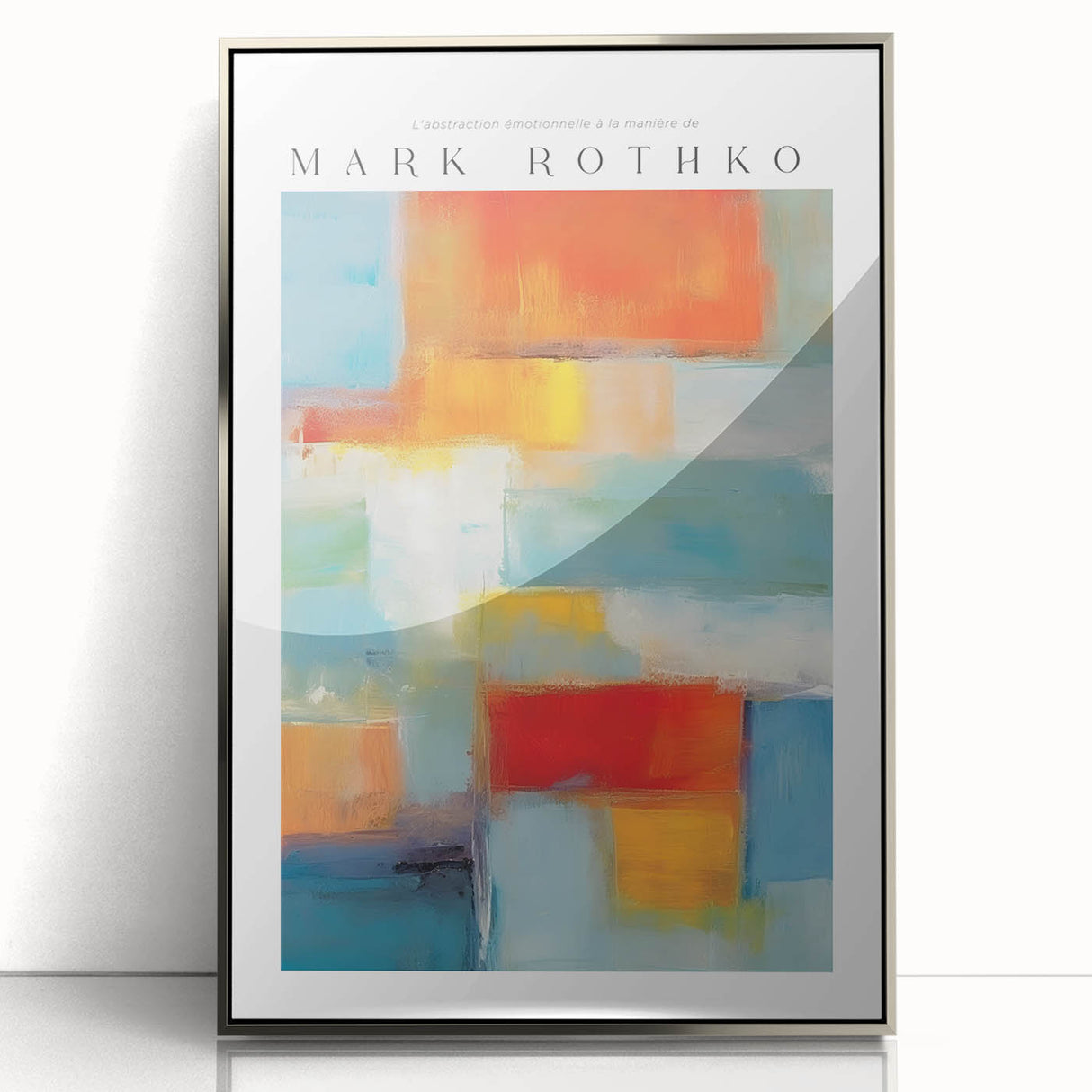 Mid-century modernist art by Mark Rothko featuring bold red and blue blocks on a silver-framed acrylic.
