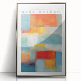 Mid-century modernist art by Mark Rothko featuring bold red and blue blocks on a silver-framed acrylic.