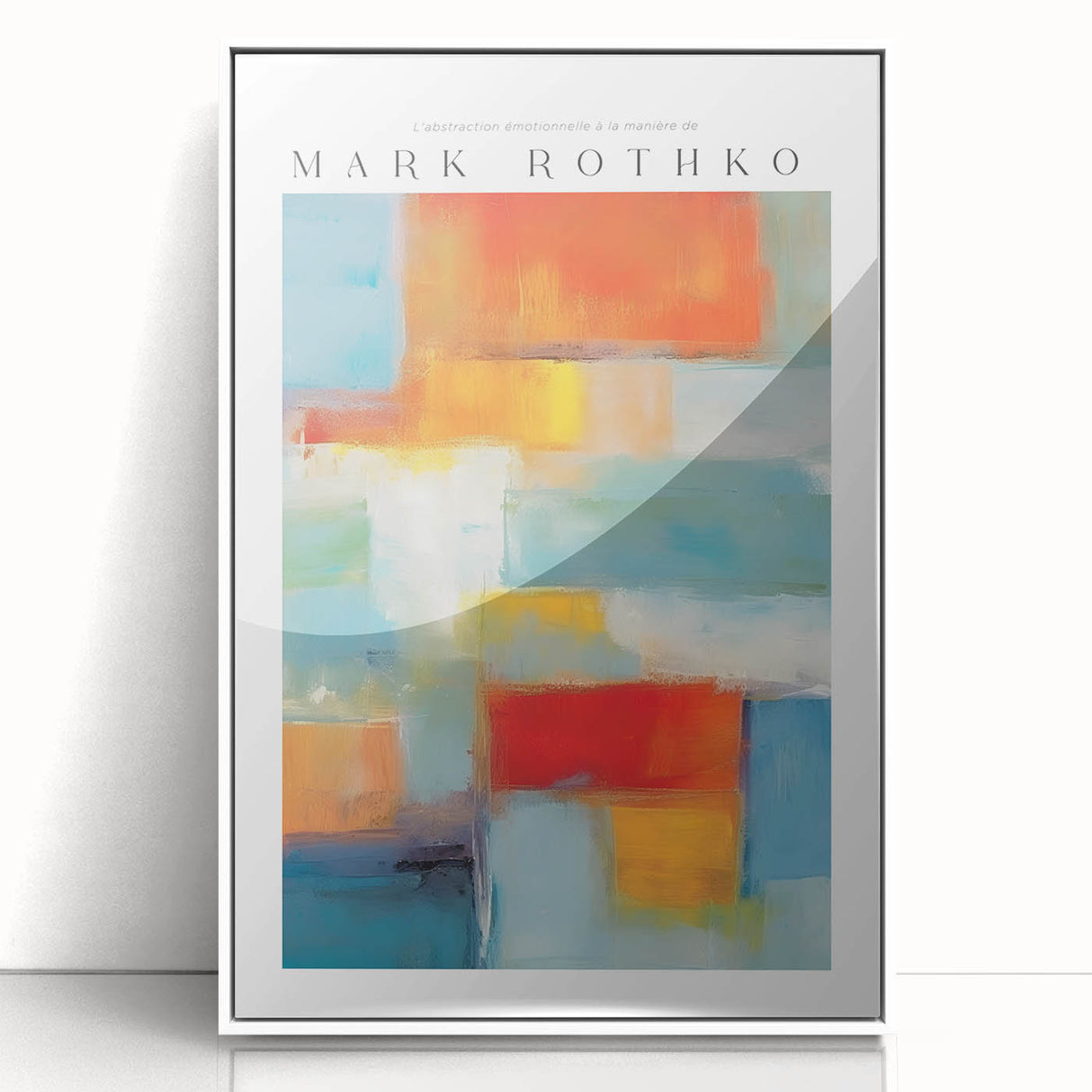 Modern art wall decor featuring a Rothko-inspired acrylic print with vibrant red and orange tones, framed in white.