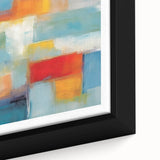Extra large framed canvas featuring a textured, abstract design in black with colorful accents.