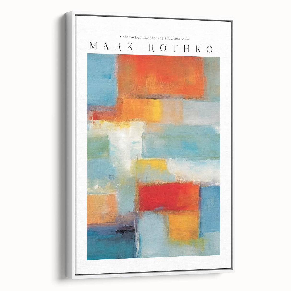 Extra large framed canvas featuring vintage poster art of colorful abstract blocks, primarily in black.
