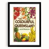 Colourful Queensland Retro Travel Poster | Tropical Fruit & Flowers Art