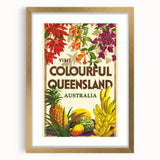 Colourful Queensland Retro Travel Poster | Tropical Fruit & Flowers Art