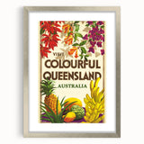 Colourful Queensland Retro Travel Poster | Tropical Fruit & Flowers Art