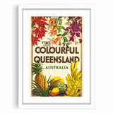 Colourful Queensland Retro Travel Poster | Tropical Fruit & Flowers Art