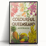 Colourful Queensland Retro Travel Poster | Tropical Fruit & Flowers Art