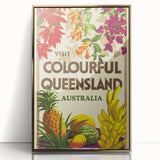 Colourful Queensland Retro Travel Poster | Tropical Fruit & Flowers Art