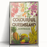 Colourful Queensland Retro Travel Poster | Tropical Fruit & Flowers Art