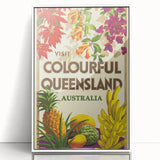 Colourful Queensland Retro Travel Poster | Tropical Fruit & Flowers Art