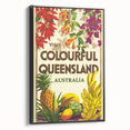 Colourful Queensland Retro Travel Poster | Tropical Fruit & Flowers Art