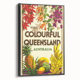 Colourful Queensland Retro Travel Poster | Tropical Fruit & Flowers Art