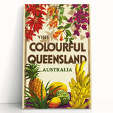 Colourful Queensland Retro Travel Poster | Tropical Fruit & Flowers Art