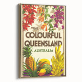 Colourful Queensland Retro Travel Poster | Tropical Fruit & Flowers Art