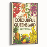 Colourful Queensland Retro Travel Poster | Tropical Fruit & Flowers Art