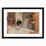 Classical Realism Painting - Woman and Dog at Table Art Print Canvas