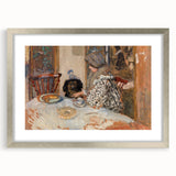 Classical Realism Painting - Woman and Dog at Table Art Print Canvas