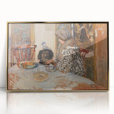 Classical Realism Painting - Woman and Dog at Table Art Print Canvas