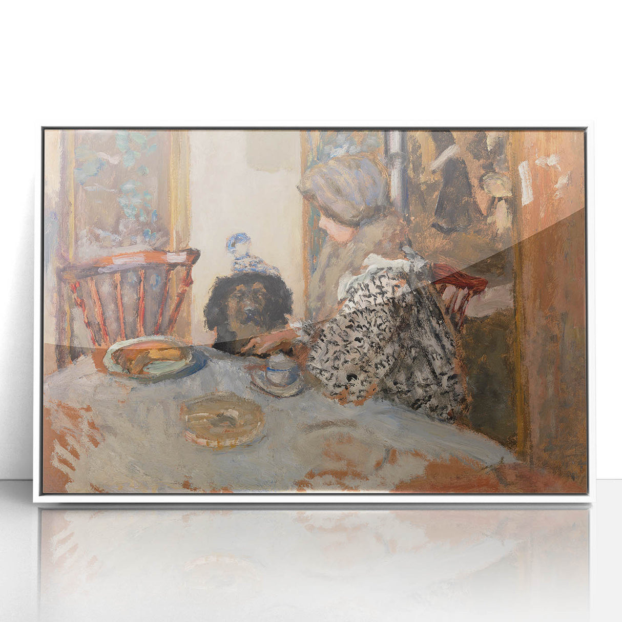 Classical Realism Painting - Woman and Dog at Table Art Print Canvas
