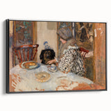Classical Realism Painting - Woman and Dog at Table Art Print Canvas
