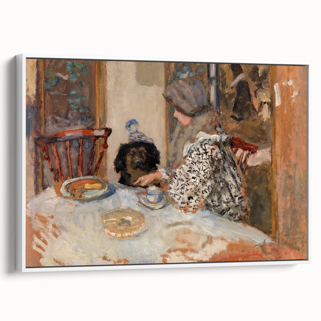 Classical Realism Painting - Woman and Dog at Table Art Print Canvas