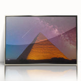 Art Deco style poster of Egyptian scenery on silver-framed acrylic, featuring muted earth tones.