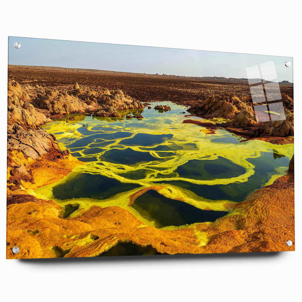 Large abstract depiction of Ethiopian scenery in muted earth tones on acrylic glass.