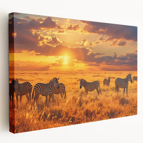 African savannah landscape on large stretched canvas, featuring warm sunset colors, ideal for kitchen wall art.